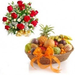 Seasonal Fruit Basket With Bunch of Roses