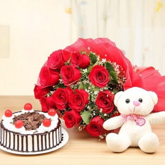 12 RED COLORFUL ROSES WITH TEDDY BEAR